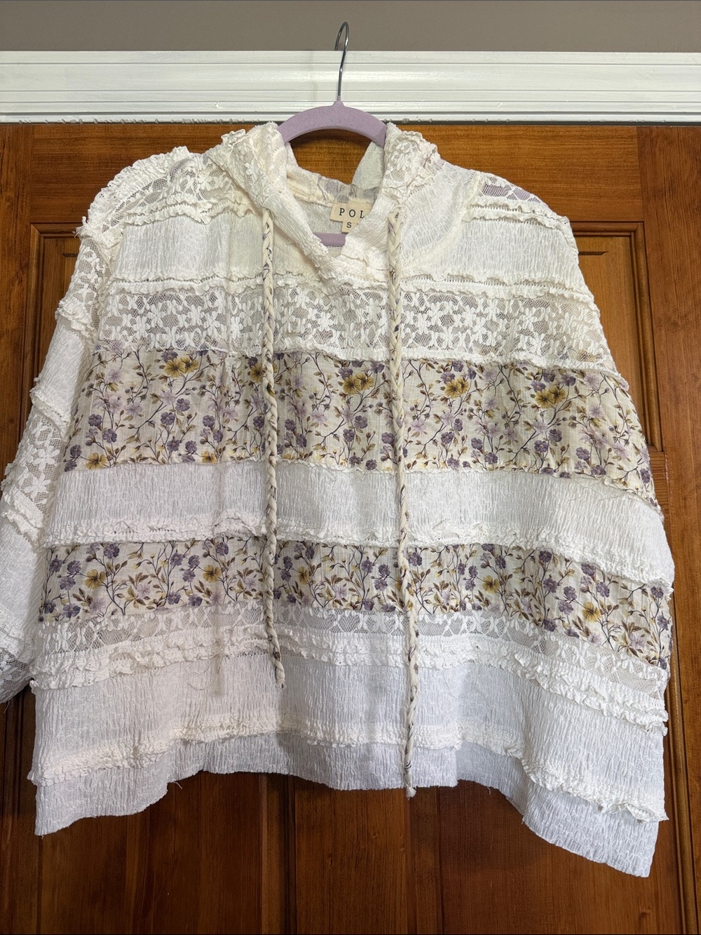 POL Cream Hooded Jacket with Purple and Yellow Floral Stripes
